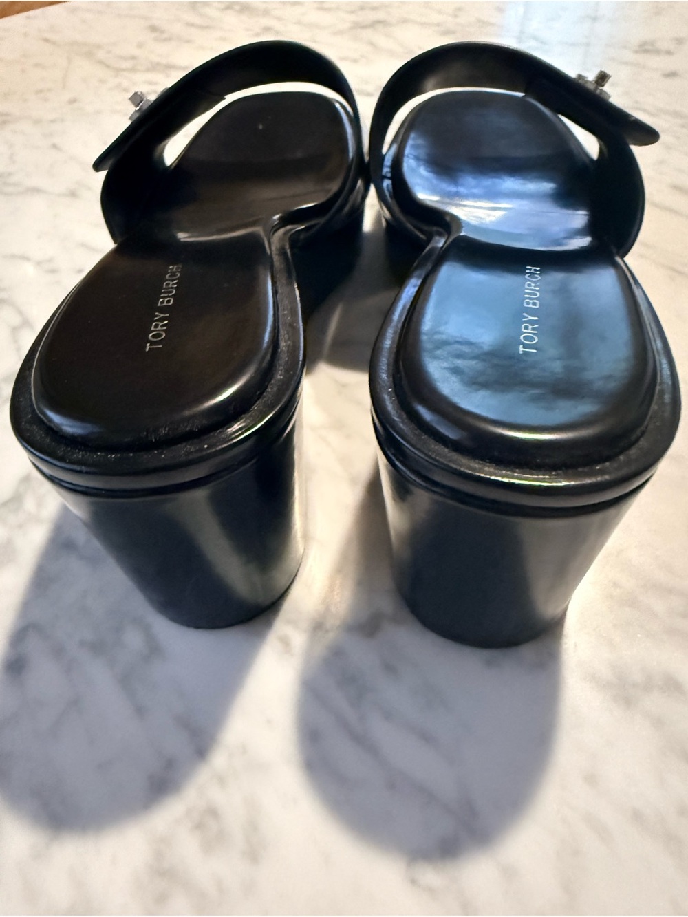 Tory Burch Black Patent Wedge Slide Mules - Picture 3 of 3